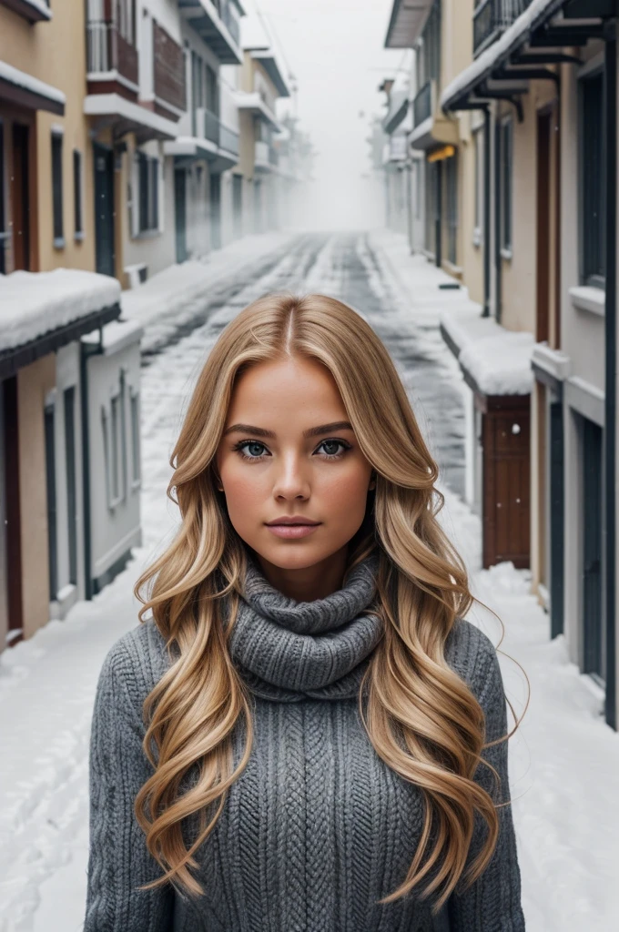 professional portrait photograph of a gorgeous Norwegian girl in winter clothing with long wavy blonde hair, sultry flirty look, gorgeous symmetrical face, cute natural makeup, wearing elegant warm winter fashion clothing, ((standing outside in snowy city street)), stunning modern urban environment, ultra realistic, concept art, elegant, highly detailed, intricate, sharp focus, depth of field, f/1. 8, 85mm, medium shot, mid shot, (((professionally color graded))), bright soft diffused light, (volumetric fog), trending on instagram, hdr 4k, 8k