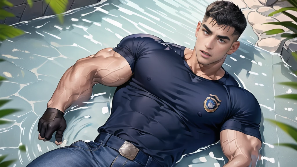 1 man,(lying on the water wall:1.6),(crew cut short hair:1.3),black eye,(Wear a fitted round neck t-shirt in navy with a police badge.:1.3),(fit neck),Navy blue jeans,(black_gloves), Korean guy,chest muscles,large arm muscles,blood vessel,Big muscles,Broad shoulders, open mouth,(terror terror:1.5), middle of the road,(In the desert:1.2),(full_shot:1.6),(In the cave:1.2),(shouting:1.4),