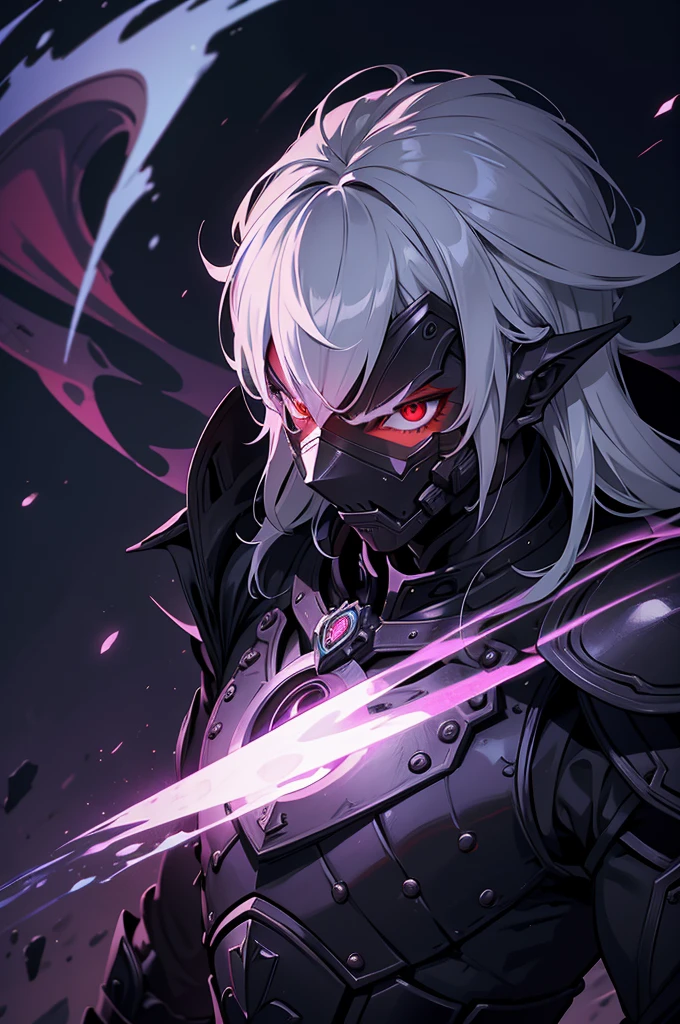 masterpiece, best quality, ultra high res, dark theme, 1boy, (dungeonpunk armor), (mechanical steampunk armor), (wearing armor), fantasy illustration, dark skinned, human, upper body, portrait, red eyes, long white hair, half-drow, pointy ears, serious face, young man, dramatic lighting, purple hue, art by Kinema Citrus