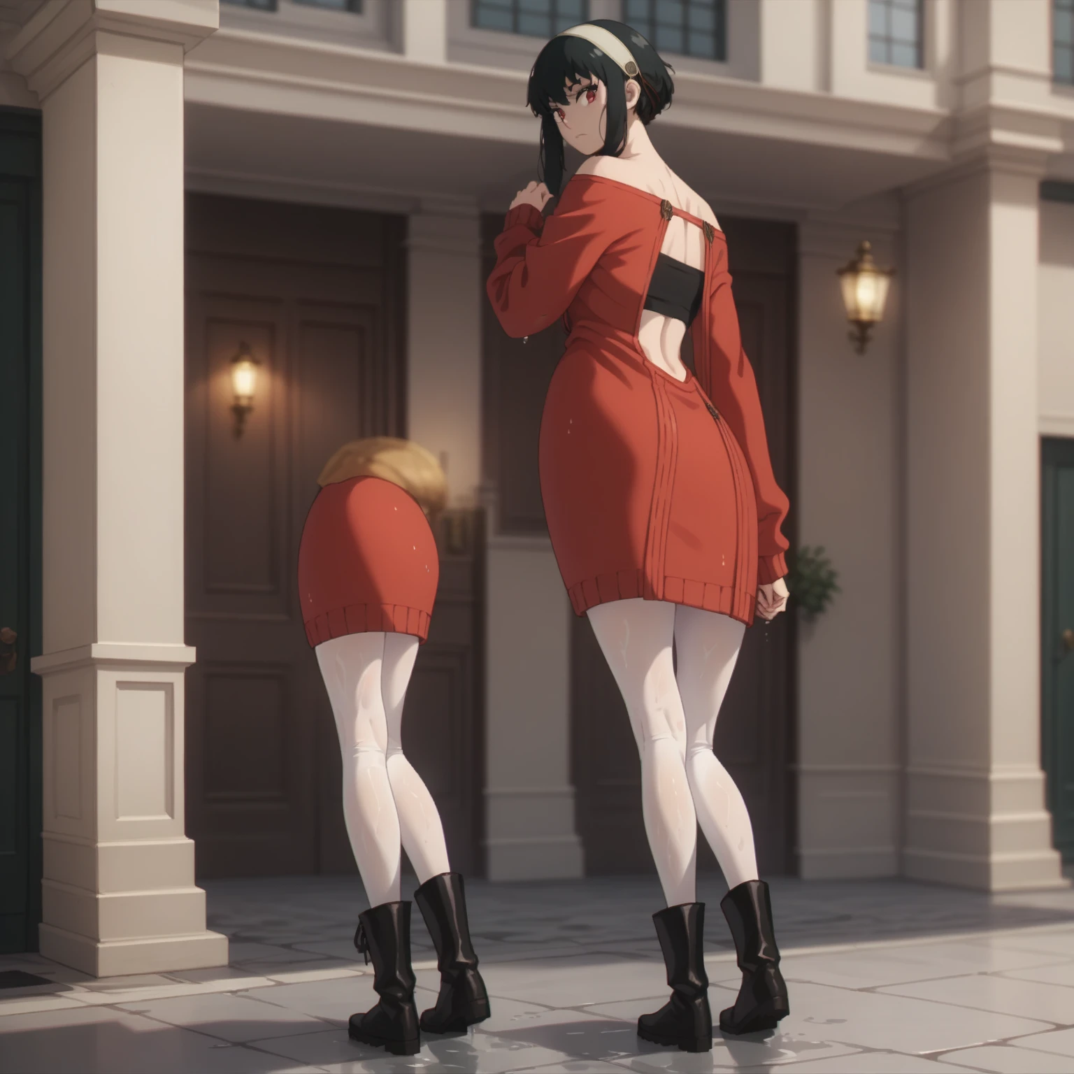 Looking at the audience,
Solitary,
Joffe,1 Girl,Black Hair,Red Eyes,Short hair long hair,
White hair band,
Off-shoulder,Red sweater,
White pantyhose,Wet Boots,Standing with bent legs,look back,Hips，Big hip backless dress,Black tube top,a,tilt_forward,