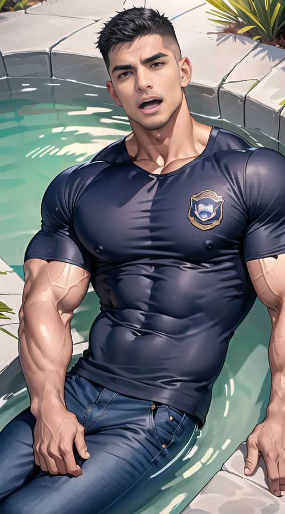1 man,(lying on the water wall:1.6),(crew cut short hair:1.3),black eye,(Wear a fitted round neck t-shirt in navy with a police badge.:1.3),(fit neck),Navy blue jeans,(black_gloves),
Korean guy,chest muscles,large arm muscles,blood vessel,Big muscles,Broad shoulders,
open mouth,(terror terror:1.5),
middle of the road,(In the desert:1.2),(full_shot:1.6),(In the cave:1.2),(shouting:1.4),