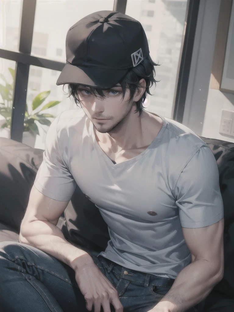 30 year old man ,tired eyes with dark circles ,moreno ,ragged clothes gray shirt ,blue pants ,black hat ,musculoso