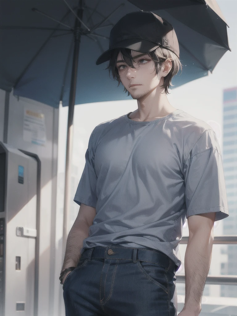 30 year old man ,tired eyes with dark circles  ,moreno ,ragged clothes gray shirt ,blue pants ,black hat ,musculoso