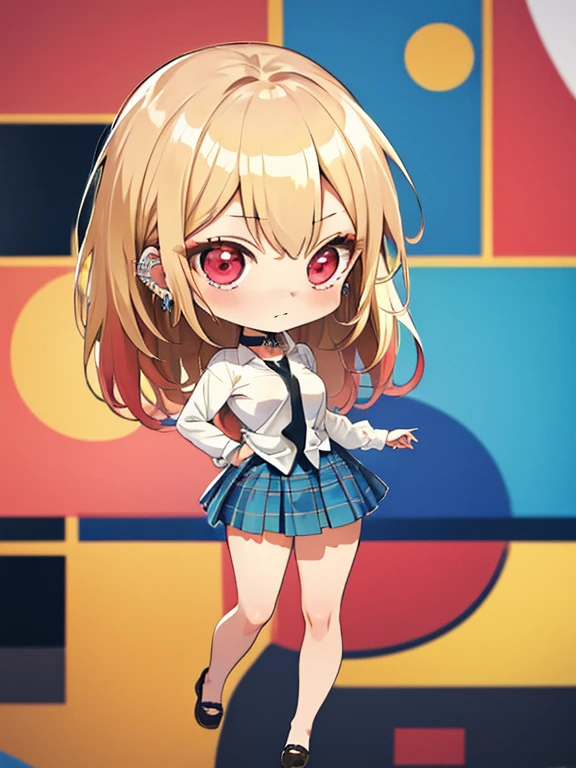 Radio gymnastics, early morning, Morning Glow, (chibi:1.5), full body, (masterpiece), highest quality, Kitagawa Marine, 1girl, blonde hair, long hair, multicolored hair, red eyes, jewelry, earrings, piercing, , white shirt, tied shirt, black choker, blue necktie, plaid skirt