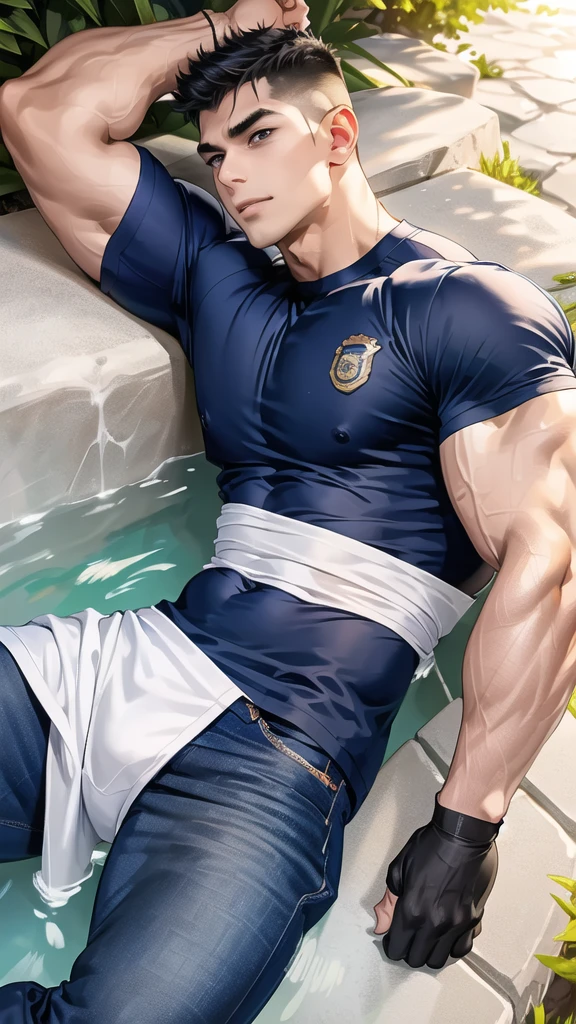 1 man,(lying on the water wall:1.6),(crew cut short hair:1.3),black eye,(Wear a fitted round neck t-shirt in navy with a police badge.:1.3),(fit neck),Navy blue jeans,(black_gloves),
Korean guy,chest muscles,large arm muscles,blood vessel,Big muscles,Broad shoulders,
open mouth,(terror terror:1.5),
middle of the road,(In the desert:1.2),(full_shot:1.6),(In the cave:1.2),(shouting:1.4),