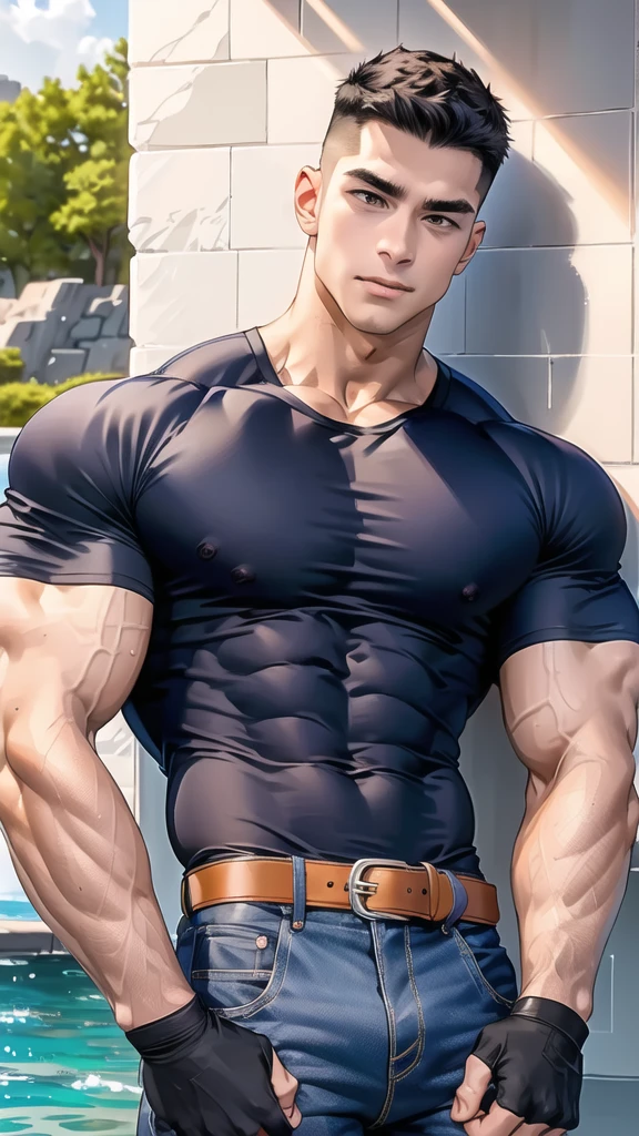 1 man,(lying on the water wall:1.6),(crew cut short hair:1.3),black eye,(Wear a fitted round neck t-shirt in navy with a police badge.:1.3),(fit neck),Navy blue jeans,(black_gloves),
Korean guy,chest muscles,large arm muscles,blood vessel,Big muscles,Broad shoulders,
open mouth,(terror terror:1.5),
middle of the road,(In the desert:1.2),(full_shot:1.6),(In the cave:1.2),(shouting:1.4),