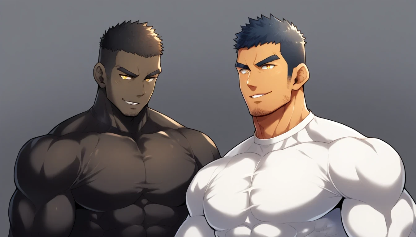 anime characters：Gyee, Muscle Sports Student, negro black skin, 1 dark skin muscular tough guy, Manliness, male focus, Light yellow high collar long sleeve tight T-shirt, Slightly transparent material, Very tight, Round, full and perky chest muscles, Slightly transparent, muscular male, muscular, only, Upper body, alone, Black short hair, Thick eyebrows, stubble, Yellow eyes, Grey background, simple background, amazing quality, best aesthetics, Ridiculous, bright pupils, crew cut, parted lips, seductive smile, torogao, naughty face, drop shadow, best quality