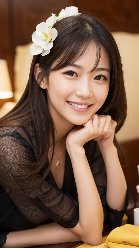(Highest quality)、(Highest quality)、4K、Japanese、Bewitching Smile、Mature Woman、36 years old、C Cup、sex appeal、Beautiful Skin