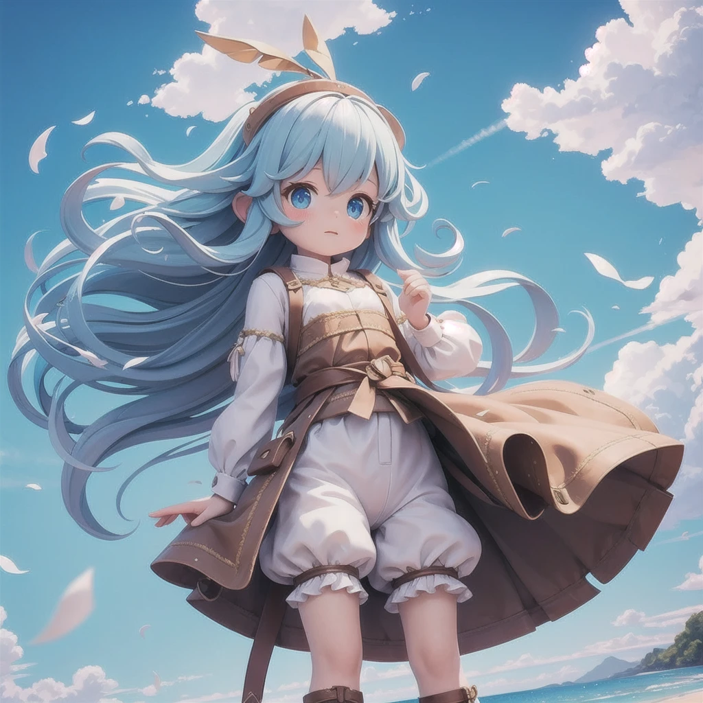 Girl 、Medieval dress with panniers、Fabric Realism、Low - Angle、Wearing bloomers、I can see the drawers、Pull up the hem of your dress with your hands、Strong winds、blue sky