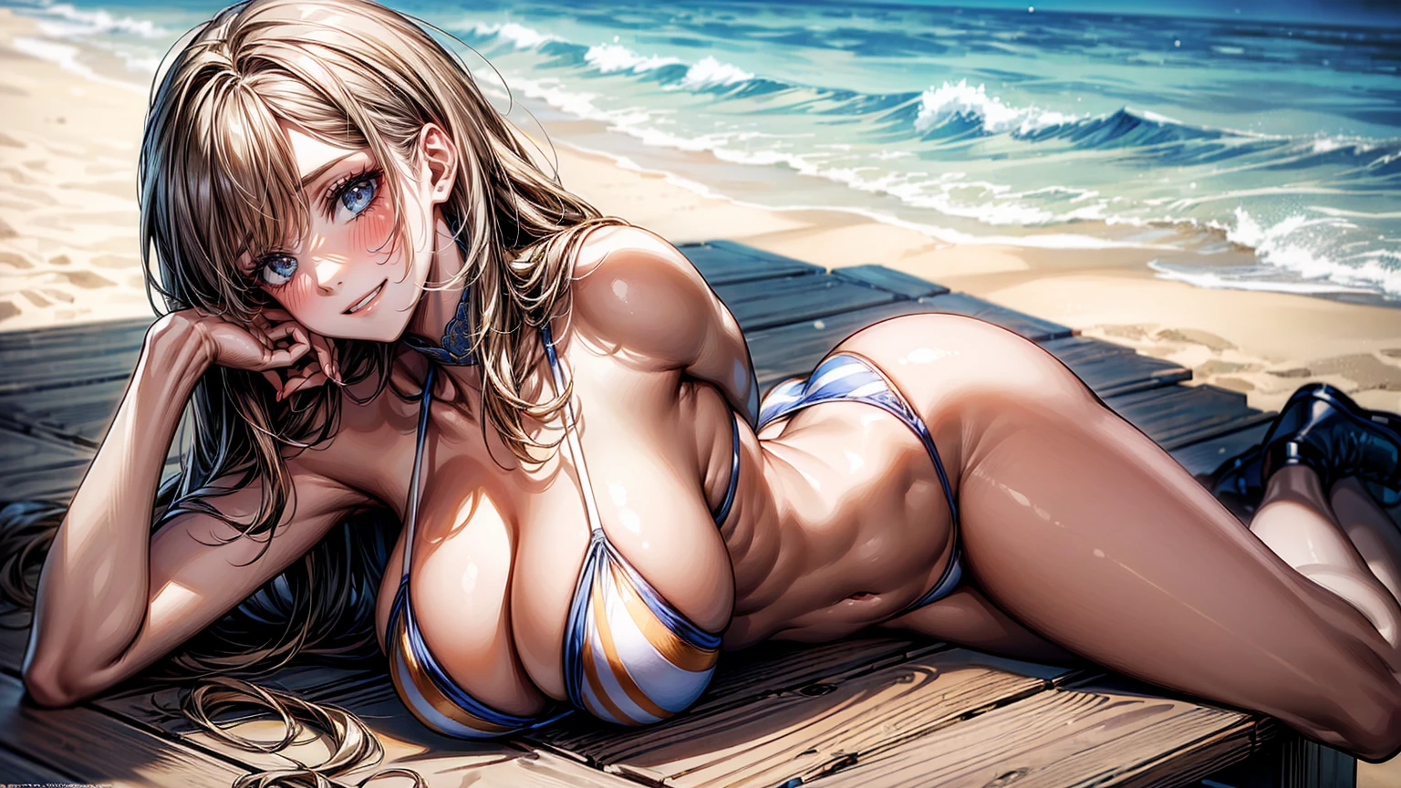 (masterpiece, Highest quality, Super detailed:1.3), Perfect composition, 4K, (Very detailed, Super detailed), Blue and white bikini、Bikini with horizontal stripes, High resolution, 8k Texture, Attention to detail, Very detailed肌の質感, Magnificent details, High Sharpness, One girl, (Fine grain:1.3), (25-year-old woman:1.3), (skinny), (Big Breasts),  Bright beach,、smile、Sticking out tongue、Butt sticking out pose