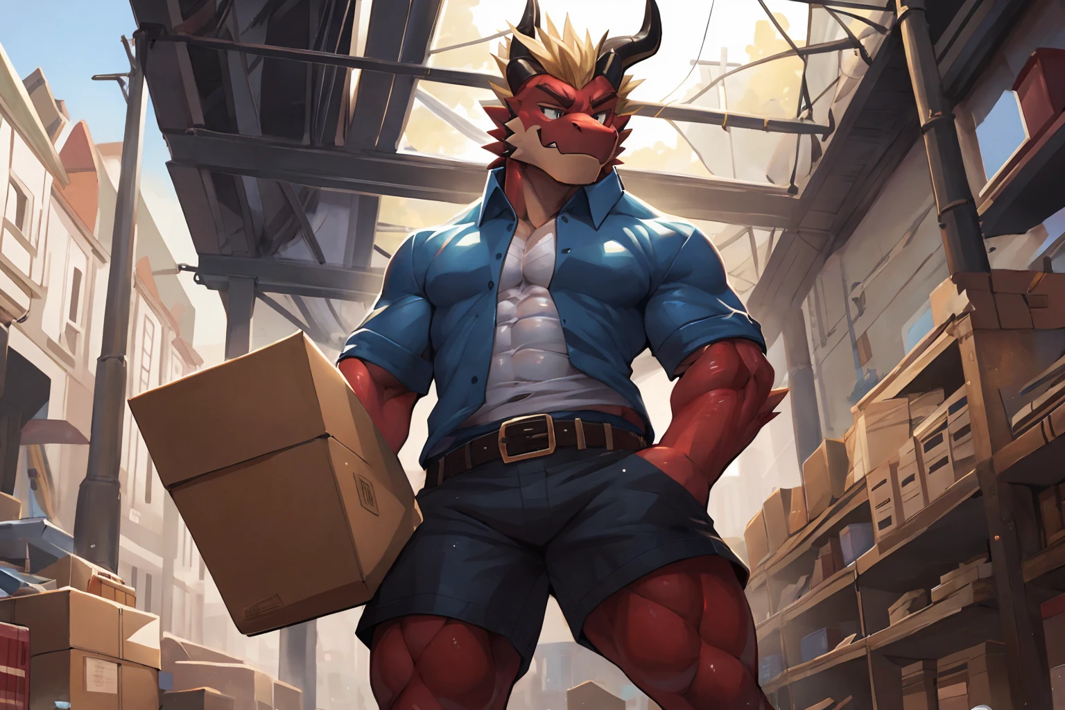 hi res, 8K, iPhone Wallpaper, foreshortening, close-up, detailed background,long shot, standing, delga, , male, scalie, blonde hair,  blonde eyebrow, 
horn, ups-outfit, shorts, collared shirt/polo shirt, hat, holding box, belt, shoes
masterpiece, best quality, muscular male anthro, furry, kemono, red body,detailed fluffy fur, professionally color graded, professional photography, well drawn, masterpiece, hyper realistic, ultra detailed, high quality, best quality, 4k, 8k, raw 
( athletic slim, slim hunk), by null-ghost,by takemoto arashi, by canyne khai,  