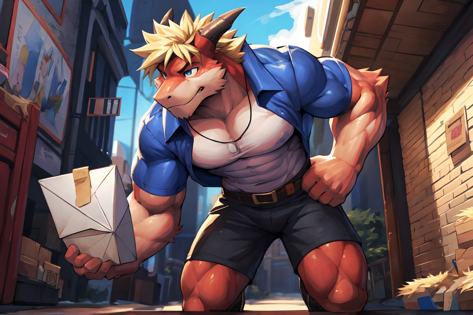 hi res, 8K, iPhone Wallpaper, foreshortening, close-up, detailed background,long shot, standing, delga, , male, scalie, blonde hair, blonde eyebrow,
horn, ups-outfit, shorts, collared shirt/polo shirt, hat, holding box, belt, shoes
masterpiece, best quality, muscular male anthro, furry, kemono, red body,detailed fluffy fur, professionally color graded, professional photography, well drawn, masterpiece, hyper realistic, ultra detailed, high quality, best quality, 4k, 8k, raw
( athletic slim, slim hunk), by null-ghost,by takemoto arashi, by canyne khai,