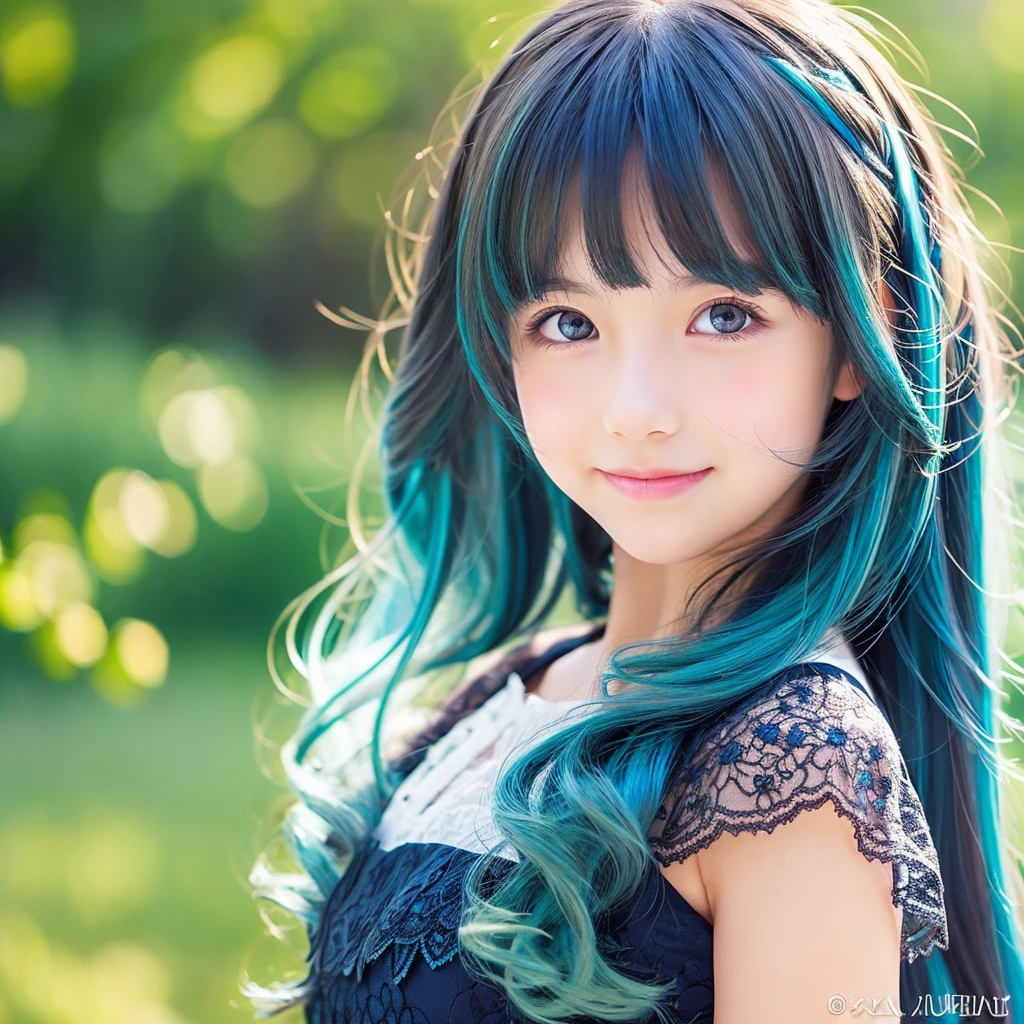 Create an anime-style portrait of a young girl with vibrant, multi-colored hair that transitions from yellow to green to blue. The girl's hair should flow naturally, and she should have large, expressive blue eyes. Her expression should be soft and gentle, with a warm and kind smile. The background should be a blend of warm and cool colors, complementing the girl's hair. She should be wearing a black lace dress with intricate details, adding a touch of elegance to her appearance. The overall mood of the artwork should be cheerful and inviting, capturing the girl's gentle and friendly demeanor."