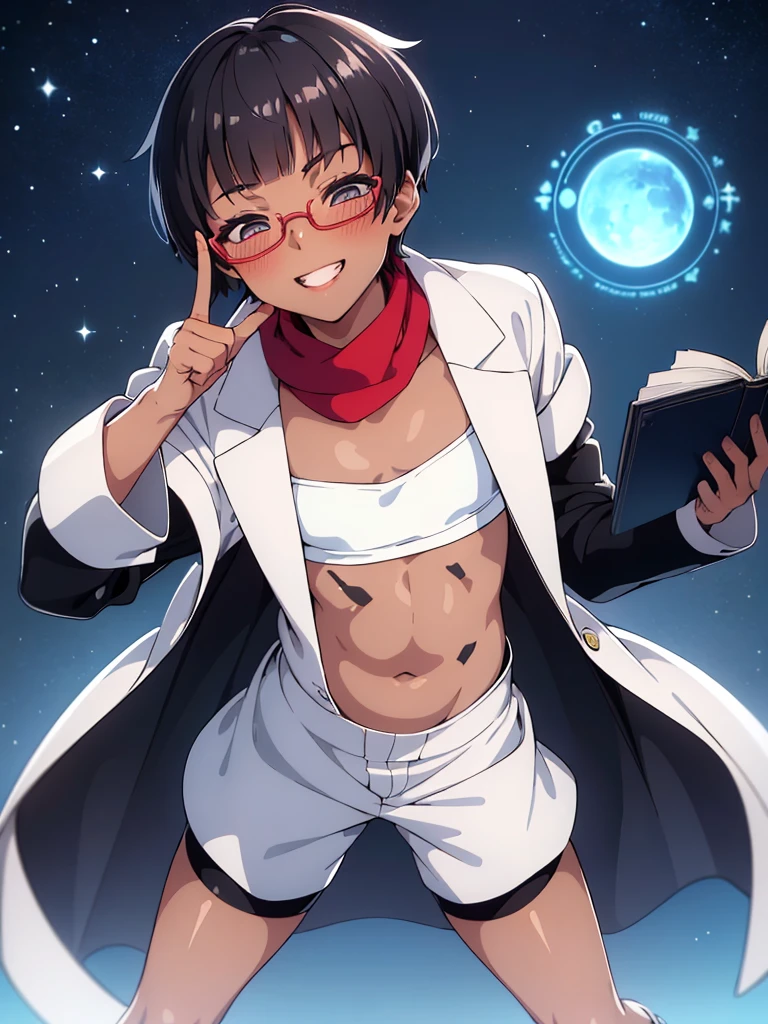 (flat chest:1.2), (masterpiece:1.2), highest quality, High resolution, unity 8k wallpaper, (fine and beautiful eyes:1.6), highly detailed face, perfect lighting, Detailed CG, (perfect hands, perfect anatomy), (1 boy solo:1.4), 20 years old, (black hair:1.3), extremely beautiful detailfeminine face and eyes, (evil smile:1.4), detailed eyes, best quality,( dark skin:1.8),( ong sleeves lab coat:1.4), (steapless tube top:1.2), (bike shorts:1.2), extremely detailed, very precise detailed, (glasses:1.3), (blunt bangs:1.3), open mouth, (very short pixie cut:1.2), boots,fingerless gloves, smile, (half closed eyes:1.3) ,(Magic circle at index fingertips) ,night sky,long sidelocks,(long red Scarf),(stylish pose),(open a book),open stance,(spread legs),(Raise only index finger:1.1), (greaming skin:1.2), (blush:1.4),(leaning forward:1.2),