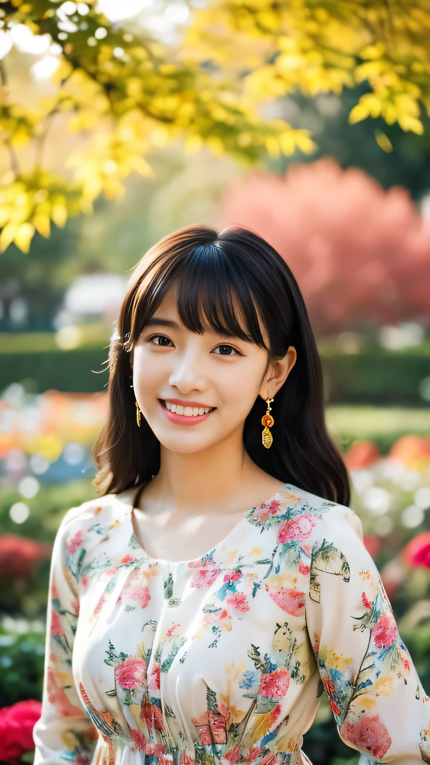 ((masterpiece)), 8K, masterpiece, Highest quality, 1 Girl, alone, Realistic, Autumn garden, Realistic, Very detailed, Detailed Background, (alone: 1.4), Wearing a colorful dress, Happy expression, Slender body, リアルでVery detailed長い髪, Intricate details, masterpiece, Highest quality, West Shot, ((Colorful flower garden background)), smile, ((looking at the camera)), Earrings, Black long hair, Asymmetrical bangs , Natural Breasts,