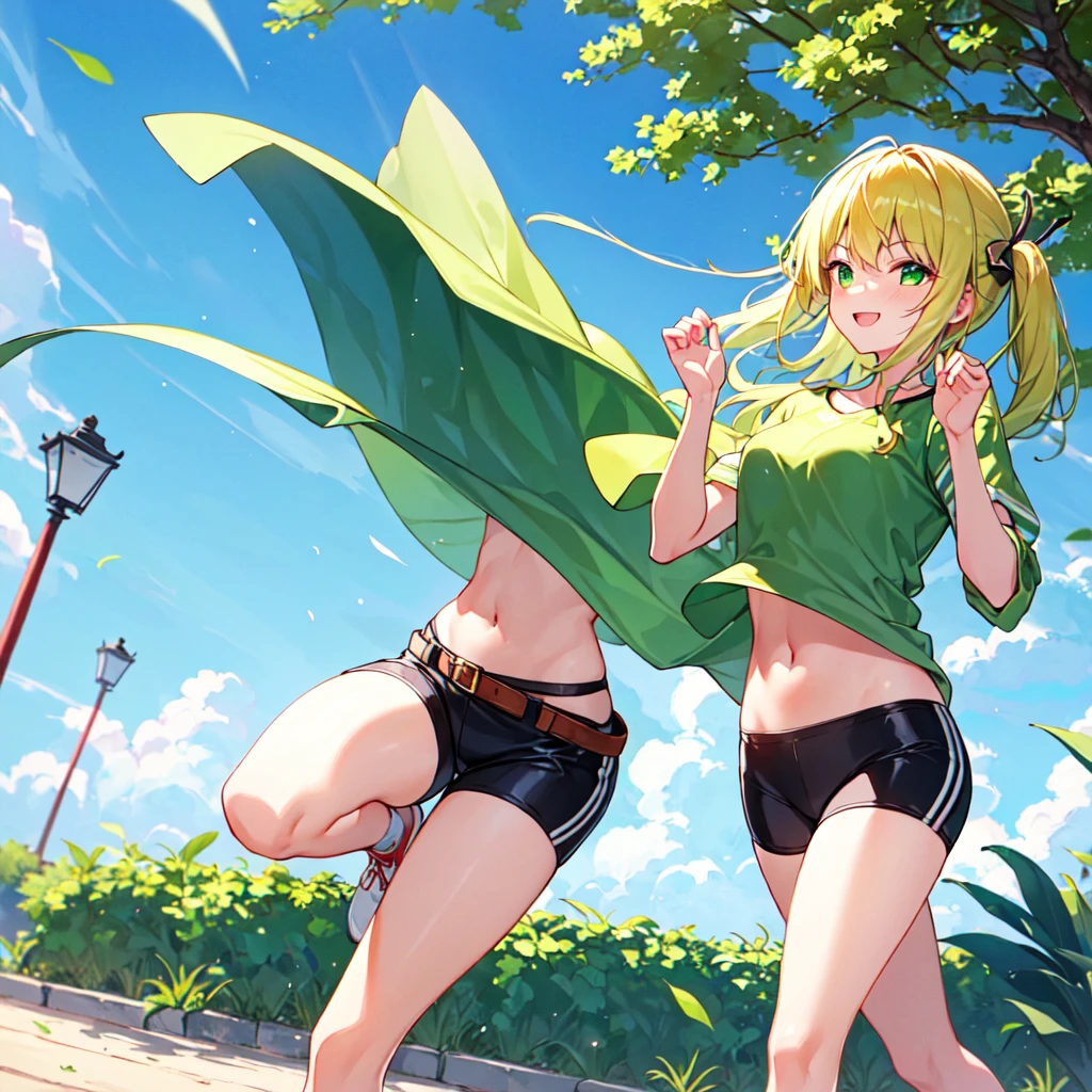 MASTERPIECE, best quality, high quality, extremely detailed, very delicate and beautiful, (1 female 18 yrs old solo:1.2), (lime coloured hair long and two side up to waist:1.4), fringes to eyebrows, Eyes sharp, strong glossy glossy eyes, glossy eyebrows, (eye colour yellow-green:1.3), 6.5 head height, (lime section print summer fashion:1.3), lime section hair ornament, knee socks, (smiling), (running), (hands raised), (dynamic pose), (background lime tree:1.5), (blue sky).