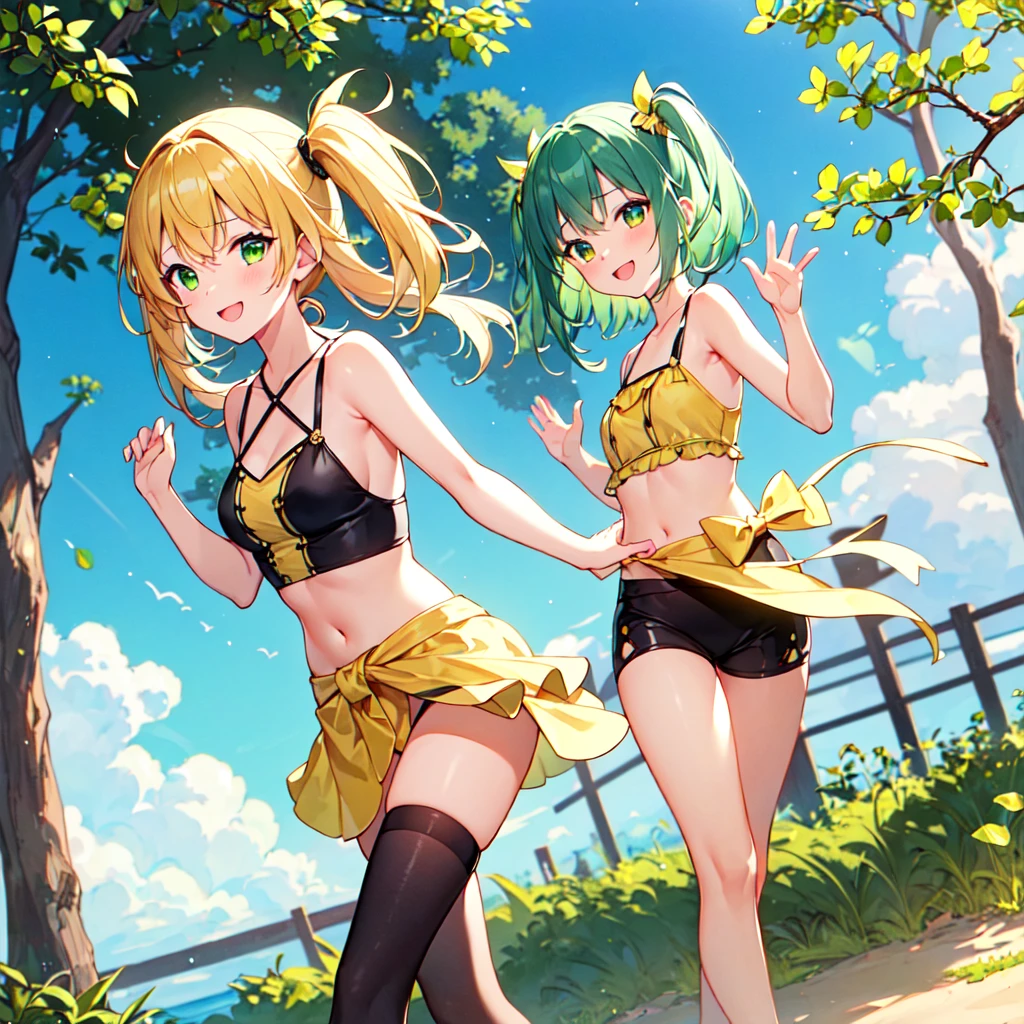 MASTERPIECE, best quality, high quality, extremely detailed, very delicate and beautiful, (1 female 18 yrs old solo:1.2), (lime coloured hair long and two side up to waist:1.4), fringes to eyebrows, Eyes sharp, strong glossy glossy eyes, glossy eyebrows, (eye colour yellow-green:1.3), 6.5 head height, (lime section print summer fashion:1.3), lime section hair ornament, knee socks, (smiling), (running), (hands raised), (dynamic pose), (background lime tree:1.5), (blue sky).