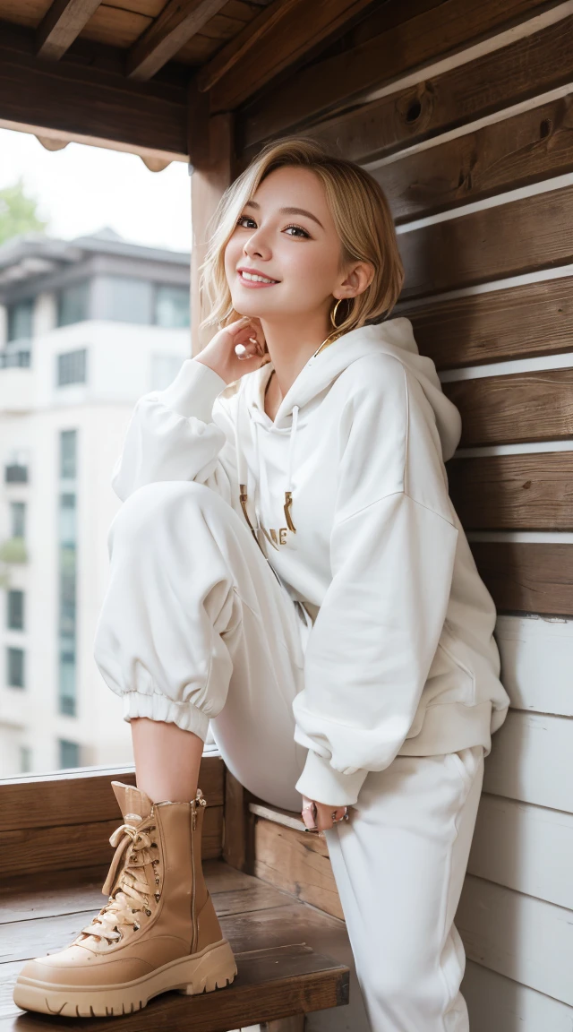 flying debris、Highest quality、An illustration、Highest quality、got it、High resolution、8k wallpaper、Perfect dynamic composition、(((Ezvian Everywhere)))、((From below))、Beautiful and cute 20 year old girl、Beautiful face in every detail、Delicate and cute eyes、Fine skin、Red cheeks.、shy、(Semi-short hair:1.3)、(wavy blonde hair)、Small breasts、Bold sexy pose、smile、Small breasts、Between the legs、Small Ass、Thin butt、Generated on the eaves.、Narrow shoulders、wavy blonde hair、blonde、Heart-shaped earrings、smile、、Gold bracelet、Tie your hair back、White hoodie、Deeply hooded、Loose fitting white harem pants、Baggy pants、Combat Boots、Army Boots、Standing posture showing the whole body、