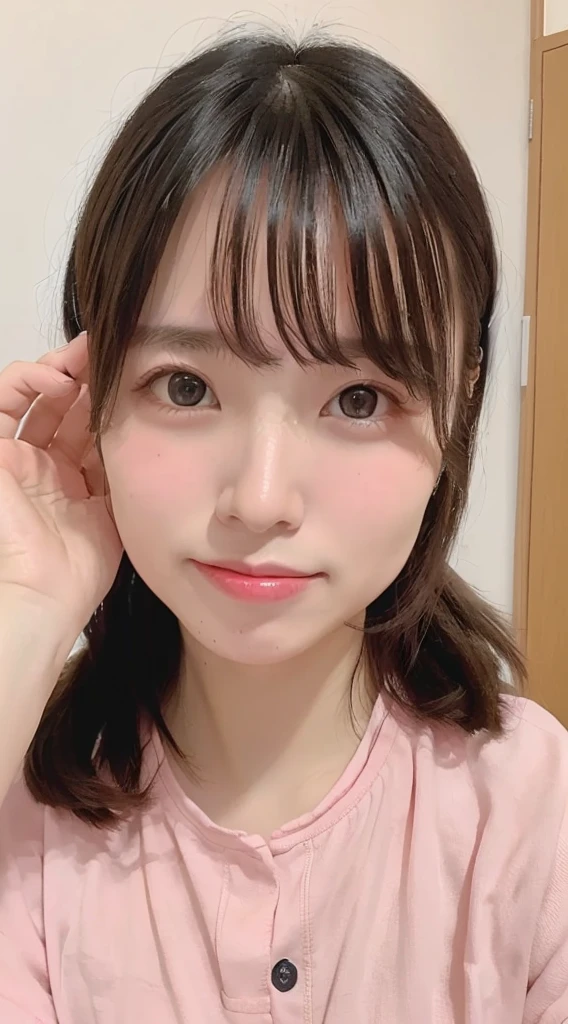 Highest quality、Ultra-high resolution、(Photorealistic:1.4)、blush、cute、(Detailed face)、Laughter、Looking into the camera、Inside the room、Black underwear、huge 、Big Breasts、Emphasize the chest、shortcut、wave hands、Mole in the eye、Close-up of face、Married women