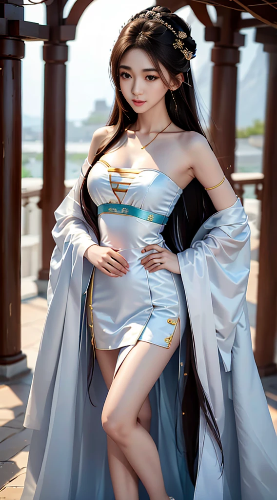 gufeng,bare shoulders, ((whole body)), ((from below)), ((gufeng,bare shoulders)), clear face, pretty face, 8K, masterpiece, original photo, best quality, detail:1.2,lifelike, detail, Very detailed, CG, Unite, wallpaper, depth of field, movie light, lens flare, Ray tracing, (extremely beautiful face, beautiful lips, beautiful eyes), complex, detail face, ((ultra detailed skin)), 1 girl, in the darkness, deep shadow, beautiful korean girl, kpop idol,(Very slim figure:1.3), plump breasts, Slender sexy legs, elegant posture, (bright smile), (City night, (neon lights), (night), beautiful korean girl, white diamond earrings, diameter bracelet, Dia Necklace, clear eyes, facing forward, (big eyes)