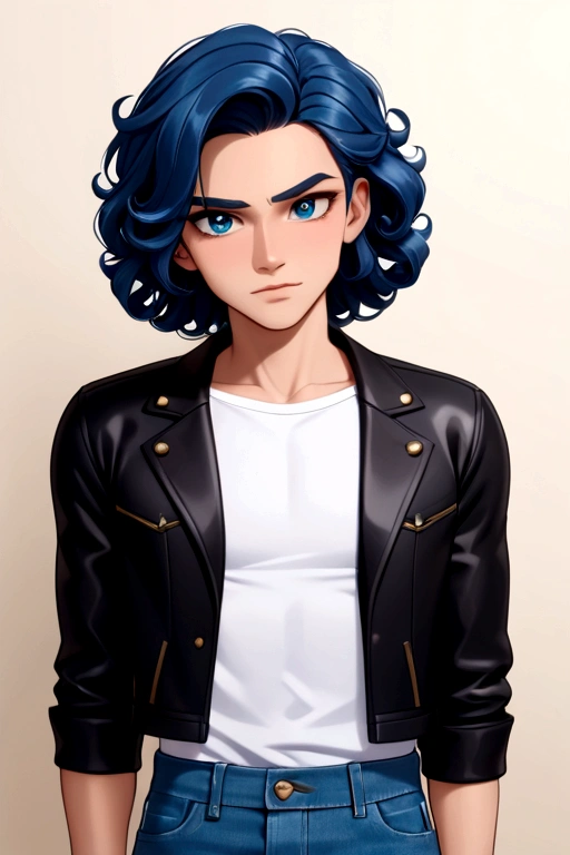 1boy, solo, 22 years old , kid, (mature:0.95), tall, handsome guy, blue hair, sharp eyes, curly hair,blue hair, European,italian serious, half body, portrait position, extra detailed, feminine face, cute face, jacket, denim, white shirt, standing,confident pose, in the room, zagtoon style,