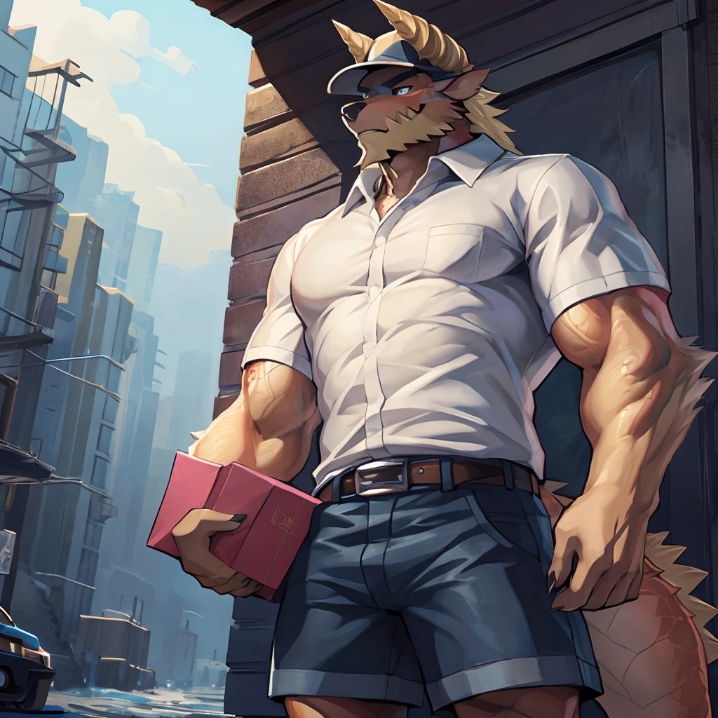 hi res, 8K, iPhone Wallpaper, foreshortening, close-up, detailed background,long shot, standing, delga, , male, scalie, blonde hair,  blonde eyebrow, 
horn, ups-outfit, shorts, collared shirt/polo shirt, hat, holding box, belt, shoes
masterpiece, best quality, muscular male anthro, furry, kemono, red body,detailed fluffy fur, professionally color graded, professional photography, well drawn, masterpiece, hyper realistic, ultra detailed, high quality, best quality, 4k, 8k, raw 
( athletic slim, slim hunk), by null-ghost,by takemoto arashi, by canyne khai,  