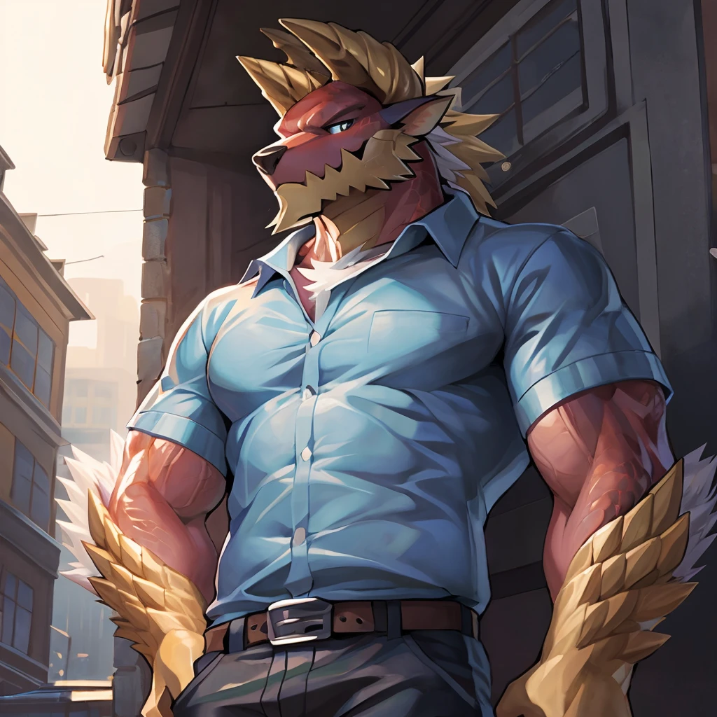 hi res, 8K, iPhone Wallpaper, foreshortening, close-up, detailed background,long shot, standing, delga, , male, scalie, blonde hair,  blonde eyebrow, 
horn, ups-outfit, shorts, collared shirt/polo shirt, hat, holding box, belt, shoes
masterpiece, best quality, muscular male anthro, furry, kemono, red body,detailed fluffy fur, professionally color graded, professional photography, well drawn, masterpiece, hyper realistic, ultra detailed, high quality, best quality, 4k, 8k, raw 
( athletic slim, slim hunk), by null-ghost,by takemoto arashi, by canyne khai,  