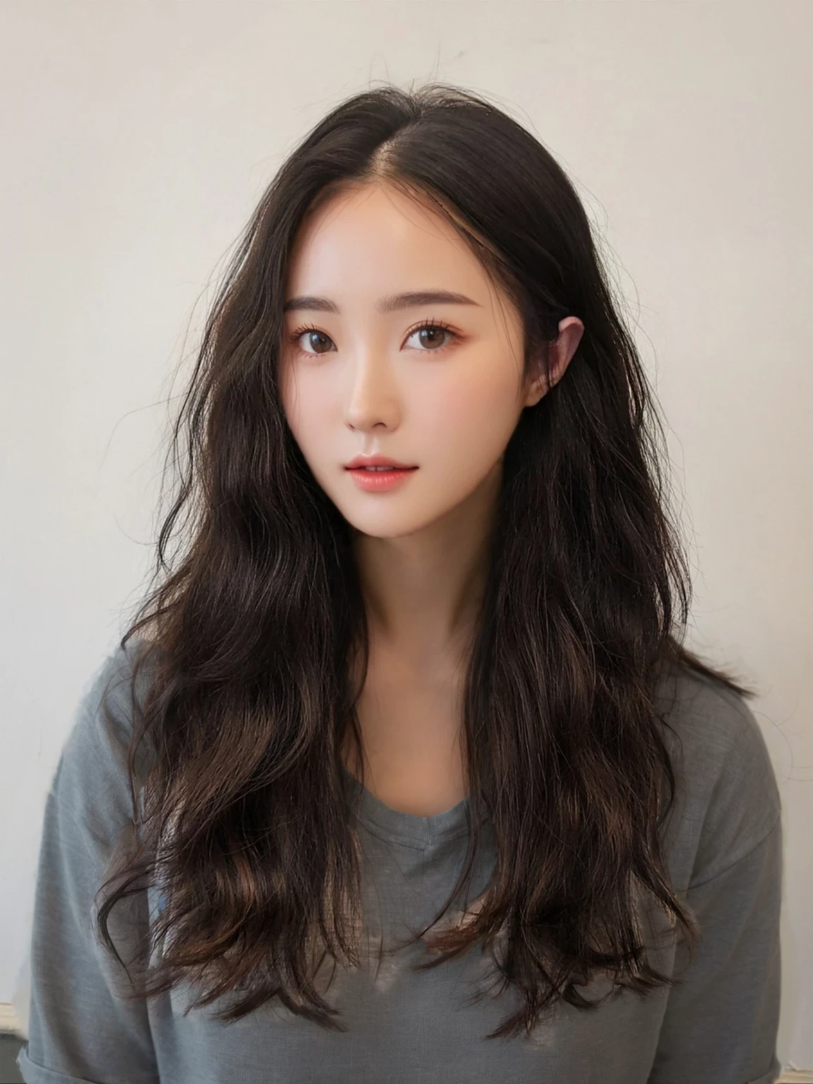 Best Quality, 8k, Masterpiece, (Portrait: 1.3), (photo realistic:1.4), (hyper realistic:1.4), Sharp Focus, looking at viewer, (smoother lighting:1.1), (increase cinematic lighting quality:0.9), realistic lighting, backlighting, light on face, ray trace, (brightening light:1.2), (Increase quality:1.4), sharp detail, (best quality real texture skin:1.4), finely detailed eyes, black_eyes, finely detailed face, 25 year old Korean woman, (white collared_shirt:1.4), (Create an image maintaining the original base model hairstyle:1.5)