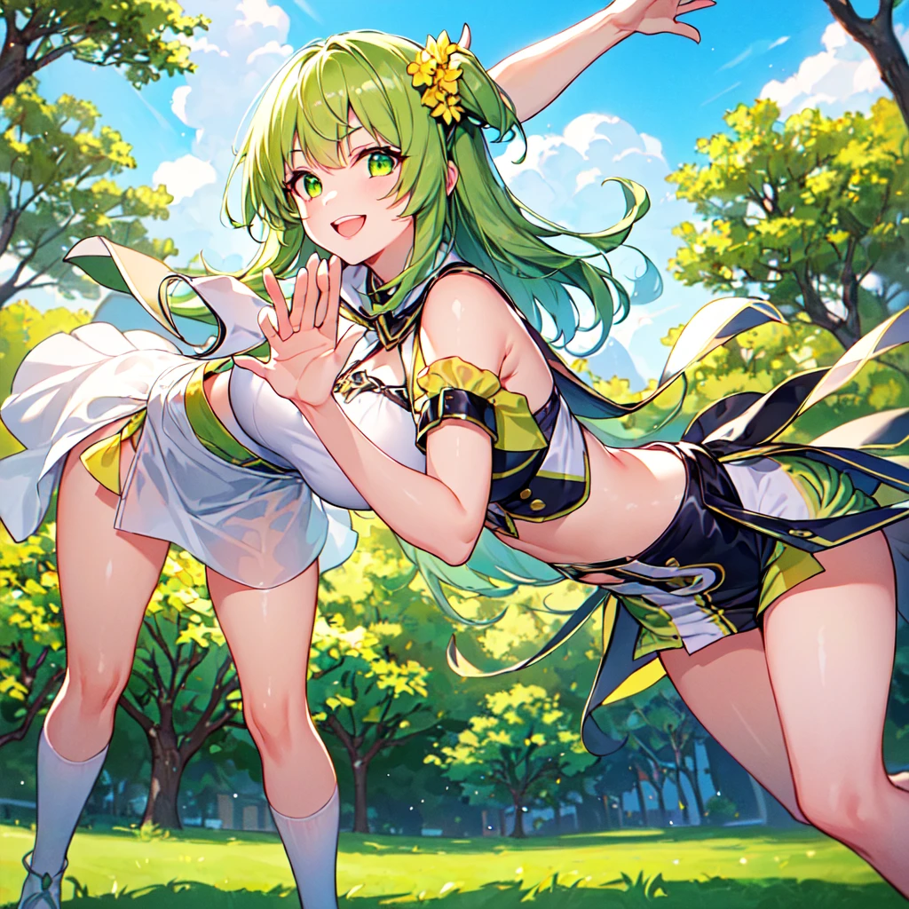 some pretty anime characters fighting over with one another over the top of them a sun blushing lewd face while wearing very tight boots micro leaf bikini, standing an animated figure with white hair holding a leaf and a green leaf behind her is speech bubble