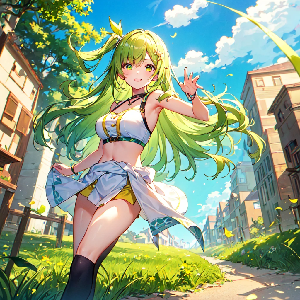 MASTERPIECE, best quality, high quality, extremely detailed, very delicate and beautiful, (1 female 18 yrs old solo:1.2), (lime coloured hair long and two side up to waist:1.4), fringes to eyebrows, Eyes sharp, strong glossy glossy eyes, glossy eyebrows, (eye colour yellow-green:1.3), 6.5 head height, (lime section print summer fashion:1.3), lime section hair ornament, knee socks, (smiling), (running), (hands raised), (dynamic pose), (background lime tree:1.5), (blue sky).