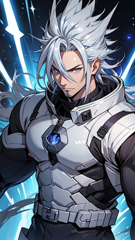 naughty man;
masculine;
brawny;
Platinum colored hair;
long and spiky hair;
bluish gray skin (avatar type);
Plasma veins;
Black colored eyes;
Cao Cao;
space background;