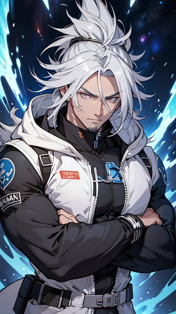 naughty man;
masculine;
brawny;
Platinum colored hair;
long and spiky hair;
bluish gray skin (avatar type);
Plasma veins;
Black colored eyes;
Cao Cao;
space background;