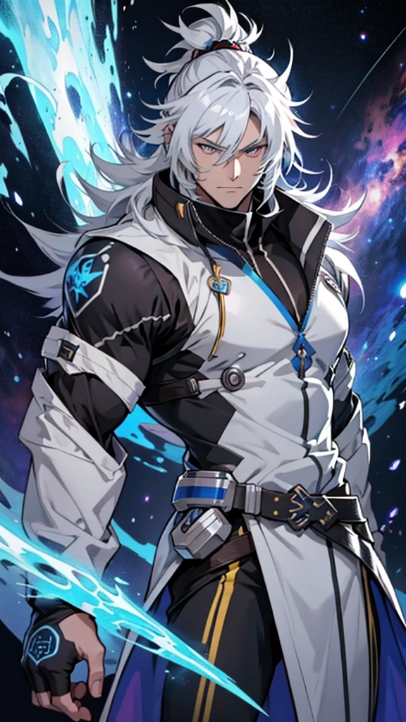 naughty man;
masculine;
brawny;
Platinum colored hair;
long and spiky hair;
bluish gray skin (avatar type);
Plasma veins;
Black colored eyes;
Cao Cao;
space background;