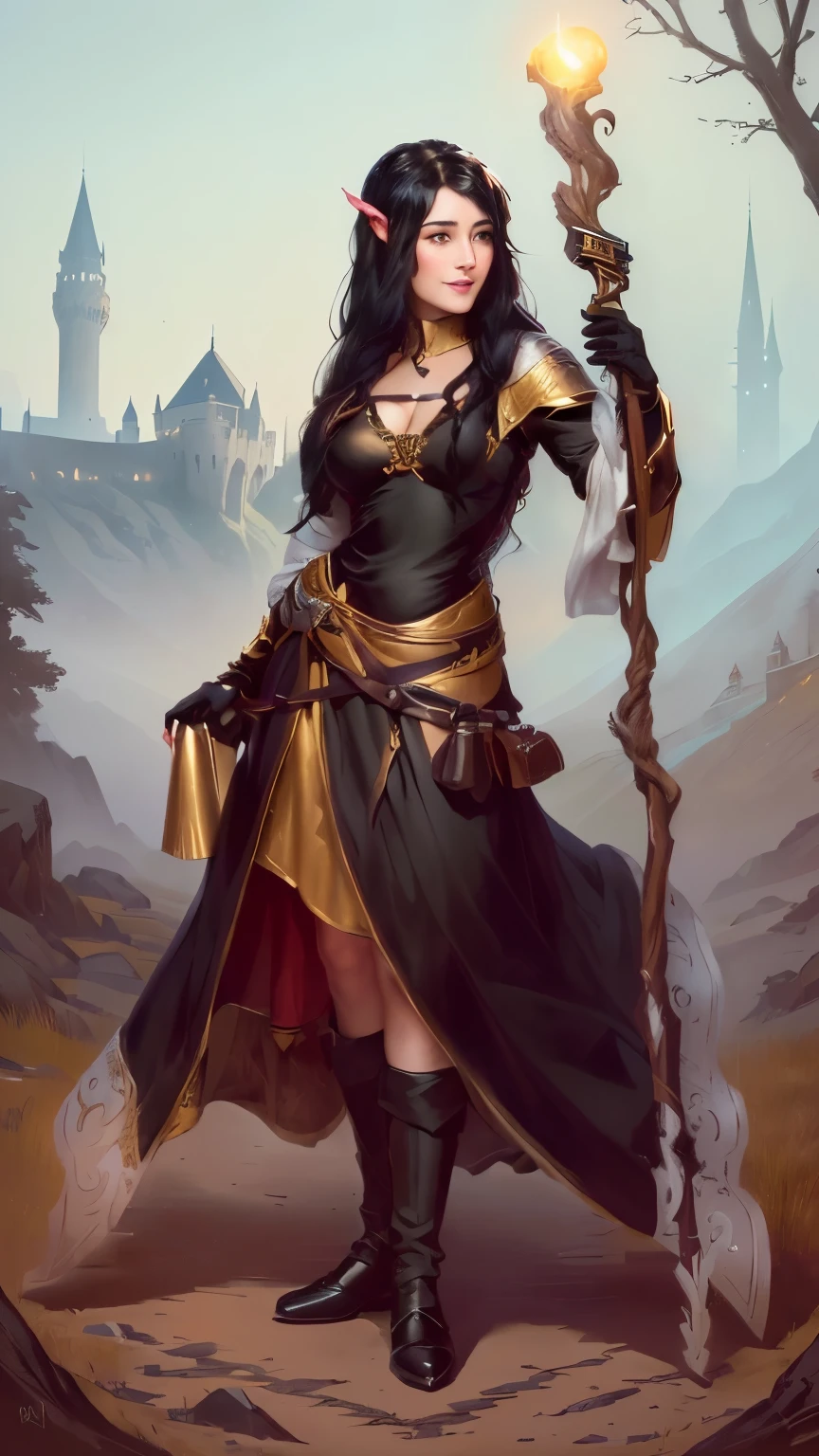 30-year-old , lotr, halfelf, beautifull female with small pointy ears, full body . she has big breasts:1.3. She has a very detailed beautifull face. she has (long black hair, pony tail). she is smilng shy. she wears (leather shoes). there is a potion on her belt. she is standing on a nice little hill with trees and a castel in the background, she is holding a long staff with an orb at the top