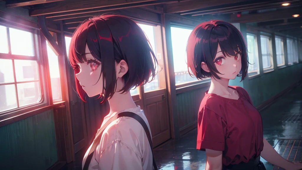 girl with short bob hair,Red eyes ,A shining heaven,Walking in heaven