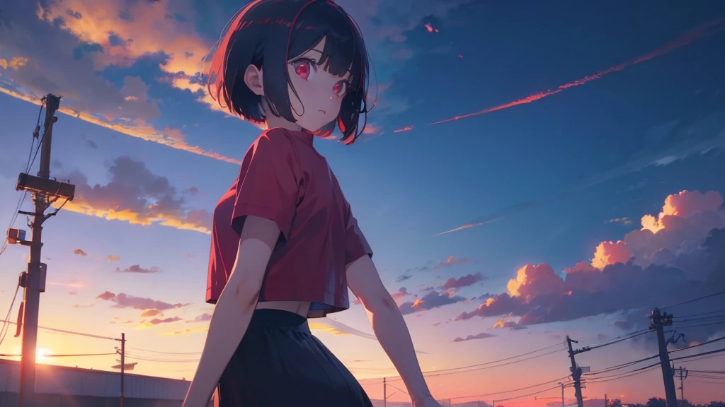 girl with short bob hair,Red eyes ,A shining heaven,Walking in heaven
