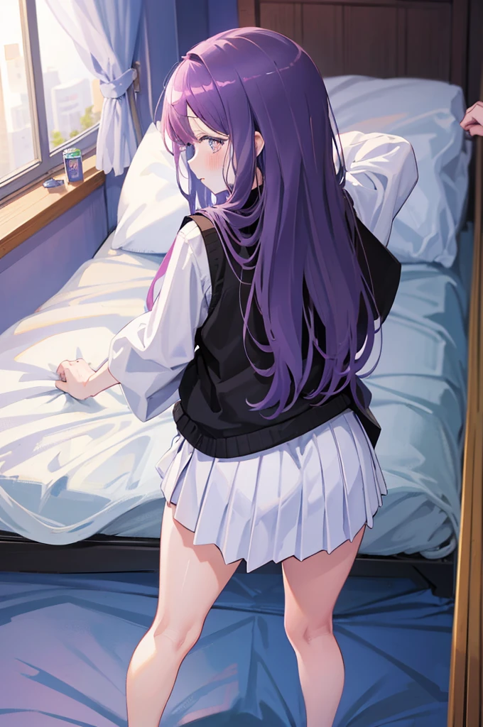 Turning around、look back、８K,Masterpiece、Light purple hair、Semi-long hair、、Japanese 、、、Lift up your skirt、On all fours、Showing panties、Stick your butt out、Turn your ass towards me、Blushing、、Showing panties、Pull up your skirt、Blushing、Bedroom
