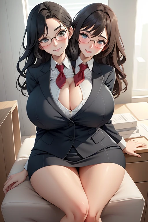 2heads, a tall thin woman with 2 heads. She has enormous breasts. She is wearing business attire. She is in an executive office. Laying on back, laying on desk. Straddling viewer, having sex with viewer. She has enormous fat breasts. She looks nerdy. Large circular glasses. She is smiling wide. She looks drunk. She has messy hair. She has giant hard nipples. She has gigantic fat breasts. She is very tall and thin. She looks young. Blushing, aroused. Drunk, intoxicated.