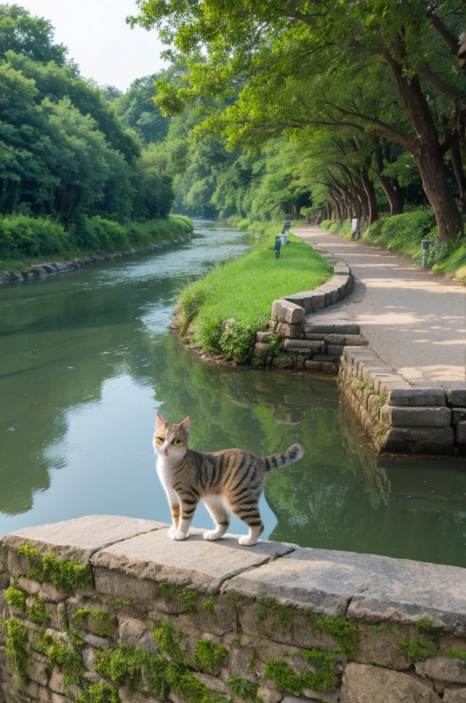 A cat near a Ghibli-style river