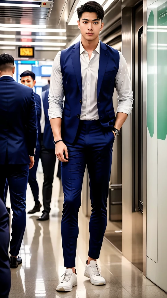1人,A 20-year-old man in the subway,Standing in a subway car,Ultra-flat head,Wearing a suit and pants,huge bulge, leg apart,musculous,Handsome,Look at your phone,Wear AirPods,Wear an Apple Watch, backpack,white short socks,White sneakers,pervert smirk,exhilarated,full bodyesbian,Exposing thighs,Expose calves,Thick leg hair,In crowded subway cars,gentlesoftlighting,tmasterpiece,best qualtiy,8K UHD,digital SLR camera,filmgrain,Fujifilm XT3 Realistic painting art,Written by Midjourney and Greg Rutkowski