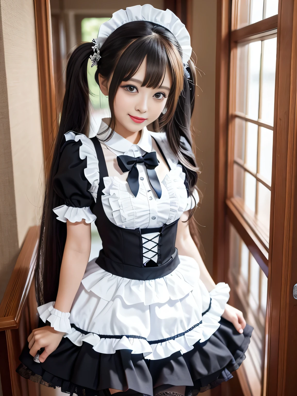 clean the hallway、((masterpiece)), ((Highest quality、Ultra-high resolution)), (Very detailed),8K、Photo quality、((Amazingly cute girl)), 16-year-old girl, (Beautiful emerald blue eyes), ((smile)),In the open-air bath overlooking the sea, Beautifully arranged black hair in twin tails、whole body、Green clothes、(Super high-end white see-through summer gothic lolita maid costume、A super mini skirt with lots of frills)、Professional Lighting、(White lace knee-high socks)、
