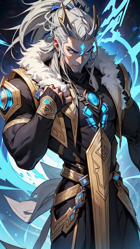 naughty man;
masculine;
brawny;
Platinum colored hair;
long and spiky hair;
bluish gray skin (avatar type);
Plasma veins;
Black colored eyes;
Cao Cao;
space background;