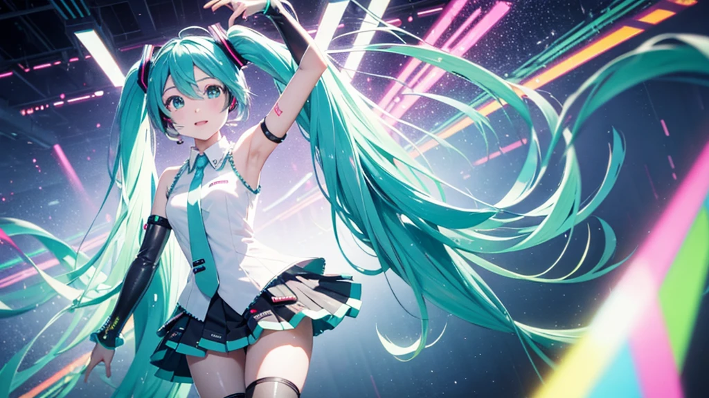 Please upscale Hatsune Miku。This painting depicts an active and colorful dance party scene featuring Hatsune Miku.。Colorful neon lights are shining all around.。