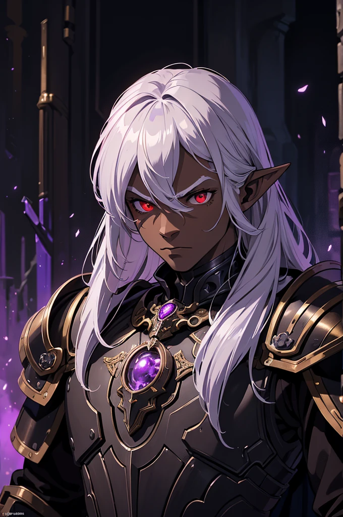 masterpiece, best quality, ultra high res, dark theme, 1boy, (dungeonpunk armor), (mechanical steampunk armor), (wearing armor), fantasy illustration, dark skinned, human, upper body, portrait, red eyes, long white hair, half-drow, pointy ears, serious face, young man, dramatic lighting, purple hue, art by Kinema Citrus