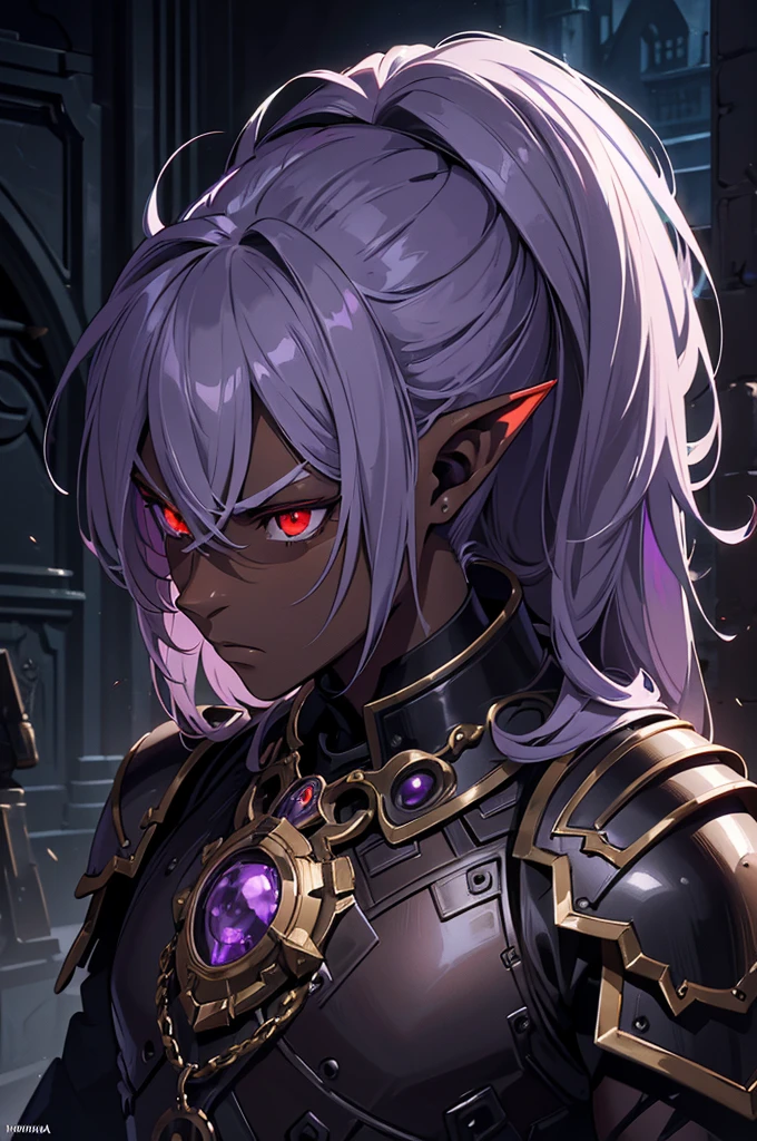 masterpiece, best quality, ultra high res, dark theme, 1boy, (dungeonpunk armor), (mechanical steampunk armor), (wearing armor), fantasy illustration, dark skinned, human, upper body, portrait, red eyes, long white hair, half-drow, pointy ears, serious face, young man, dramatic lighting, purple hue, art by Kinema Citrus