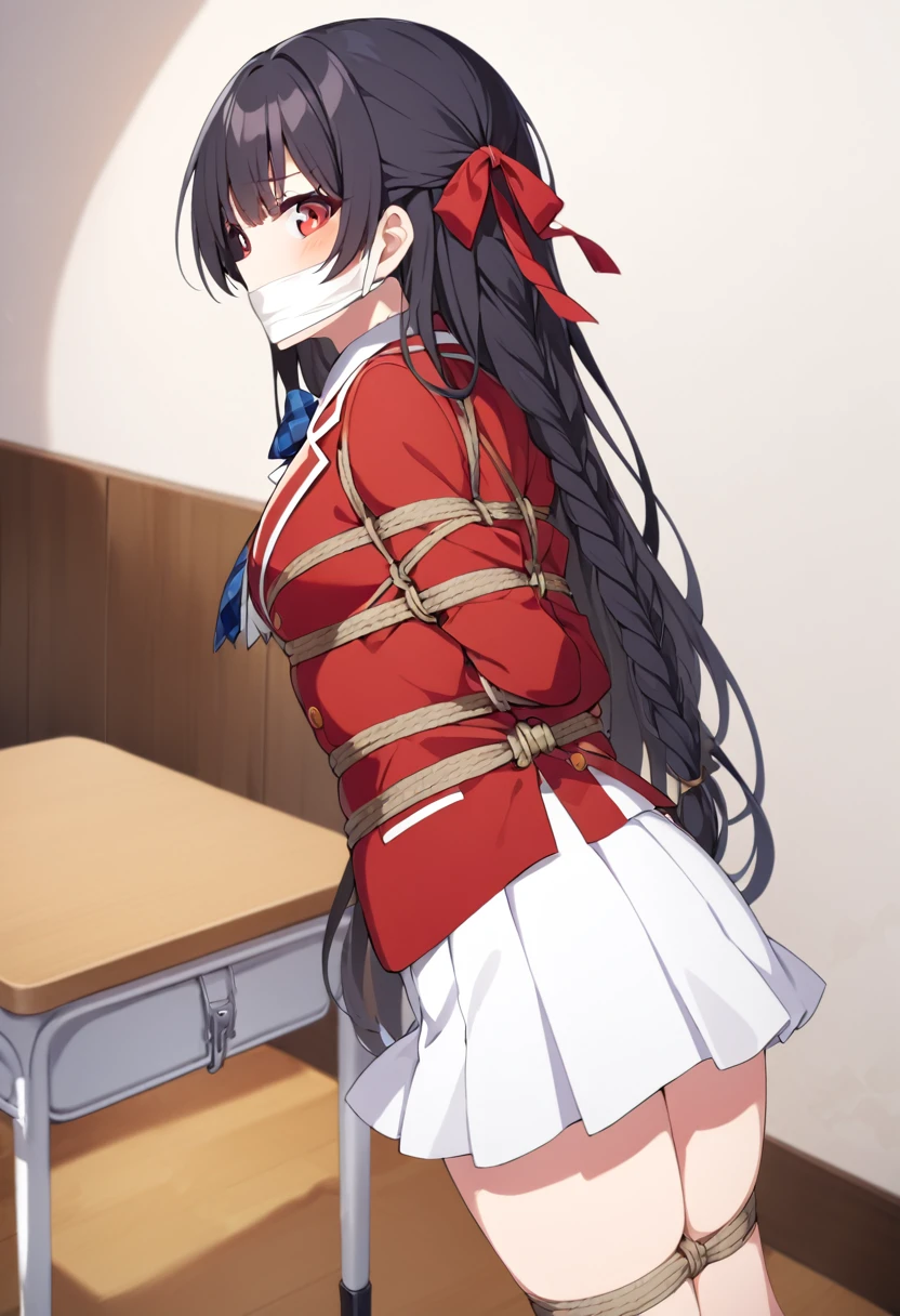 suzunehorikita, suzune horikita, long hair, black hair, (red eyes:1.3), hair ribbon, braid,
BREAK bow, , jacket, bowtie, blue bowtie, blazer, (red blazer:1.5), skirt, white skirt,
BREAK indoors, classroom,
BREAK looking at viewer, (cowboy shot:1.5),
BREAK (masterpiece:1.2), best quality, high resolution, unity 8k wallpaper, (illustration:0.8), (beautiful detailed eyes:1.6), extremely detailed face, perfect lighting,shoes, extremely detailed CG, (perfect hands, perfect anatomy),bound with an excessive amount of ropes), (bound wirsts), (arms behind back), (tapegag, tape gag), dramatic, (looking at viewer), (detailed pupils:1.3)
masterpiece, (best quality), perfect eyes, bound, bondage, (arms behind back:1.4), bdsm, tape gag, rope, rope bondage, close-up, restrained,curled up, best anatomy, full body, standing