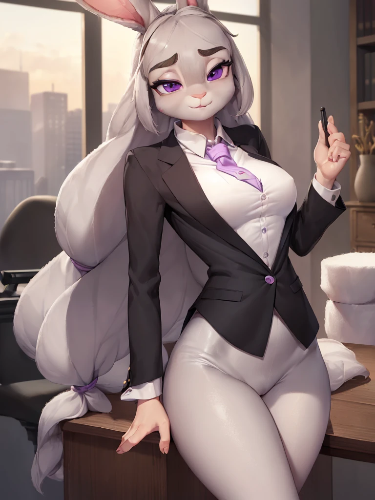 best quality,
masterpiece,
hyper Realistic,
ultra-detailed,
beautiful detailed,
Portrait,
Looking at the audience,
background is an office,

(Face is JudyHopps:1.25),
NamiFinal,
((long straight hair)),
wispy bangs, bangs,
purple eyes,
(arched eyebrows:1.1),
(uplift eyebrows:1.1),
(rabbit ears:1.1),

office lady is wearing suit,
((White blouse)),
((Black blazer jacket)),
((Black skirt)),
clothes made of cotton,

(outfit is made of wool:1.4), 
(((body is made of wool fabric))), 
(((body is gray with fluffy and fluffy))), 
(((skin is wool fabric with fluffy and fluffy))), 
human hands,

(solo:1.5),
(1 lady:1.5),
one character only
alone,
Perfect Anatomy