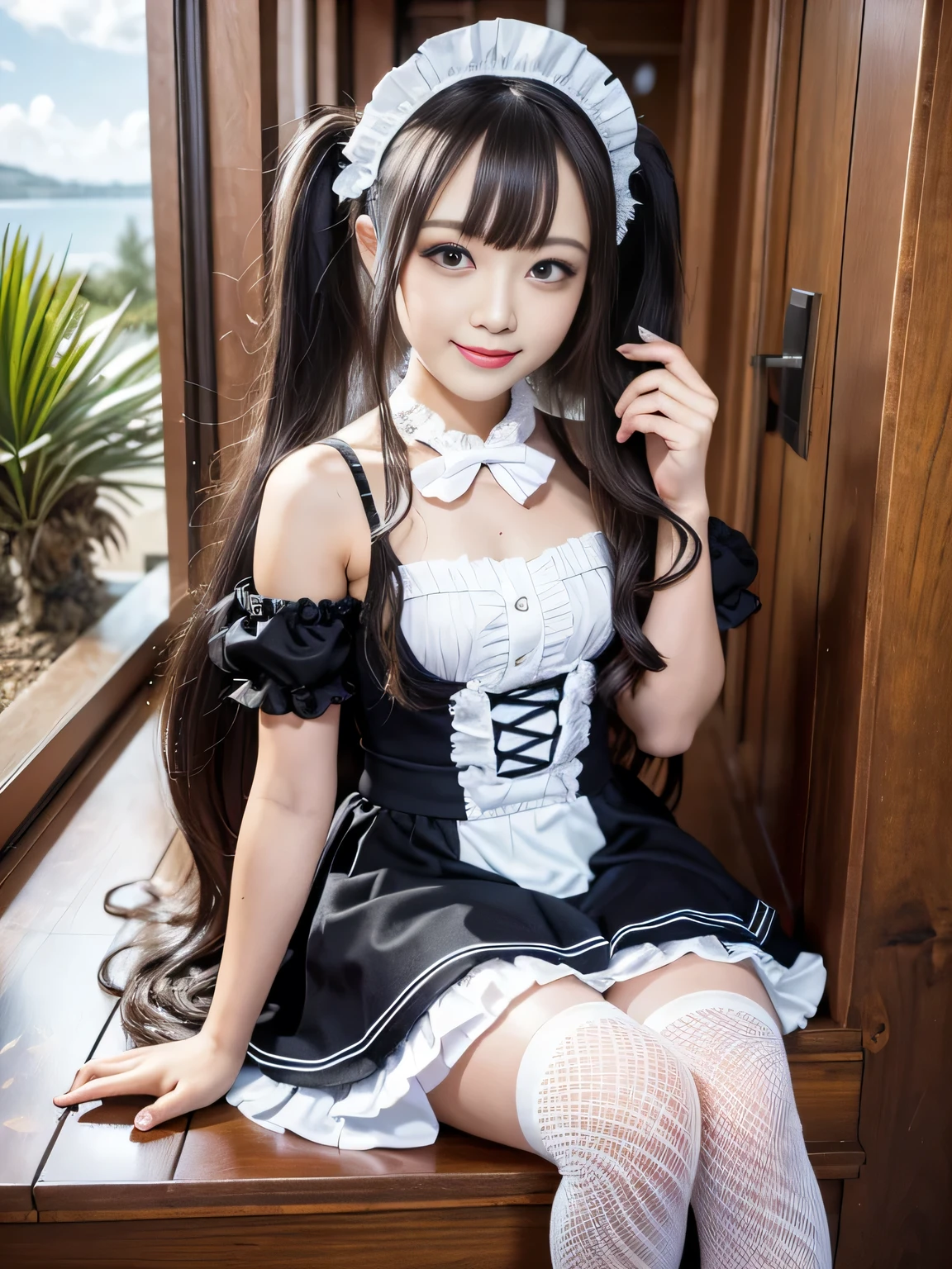 clean the hallway、((masterpiece)), ((Highest quality、Ultra-high resolution)), (Very detailed),8K、Photo quality、((Amazingly cute girl)), , (Beautiful emerald blue eyes), ((smile)),In the open-air bath overlooking the sea, Beautifully arranged black hair in twin tails、whole body、Green clothes、(Super high-end white see-through summer gothic lolita maid costsuper mini skirt with lots of frills)、Professional Lighting、(White lace knee-high socks)、
