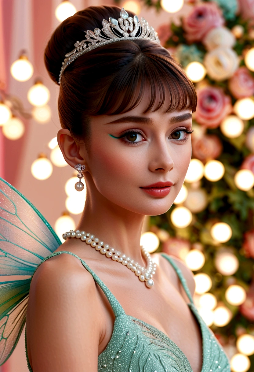 Model shooting style, Audrey Hepburn, (Extremely detailed 8k wallpaper), 《》insert, Fashion, number, Photorealism, Evocative, Fairy tale lights, Pastel palette, Intricate details, number艺术, CG Society, masterpiece, diversity, ((Perfect face))