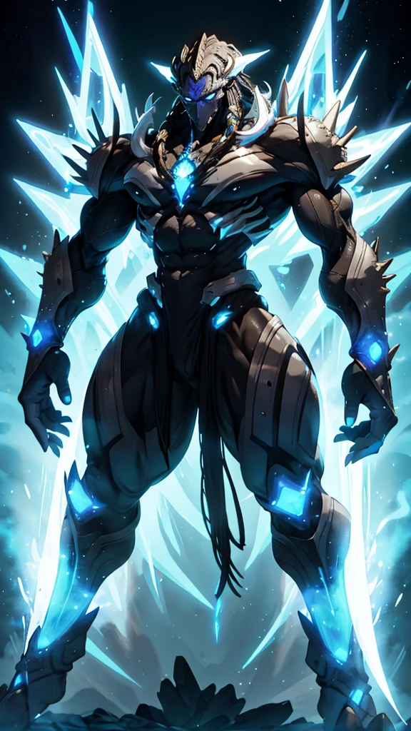 Humanoid kaiju with long spiky hair Muscular Man Male Straight white energy 